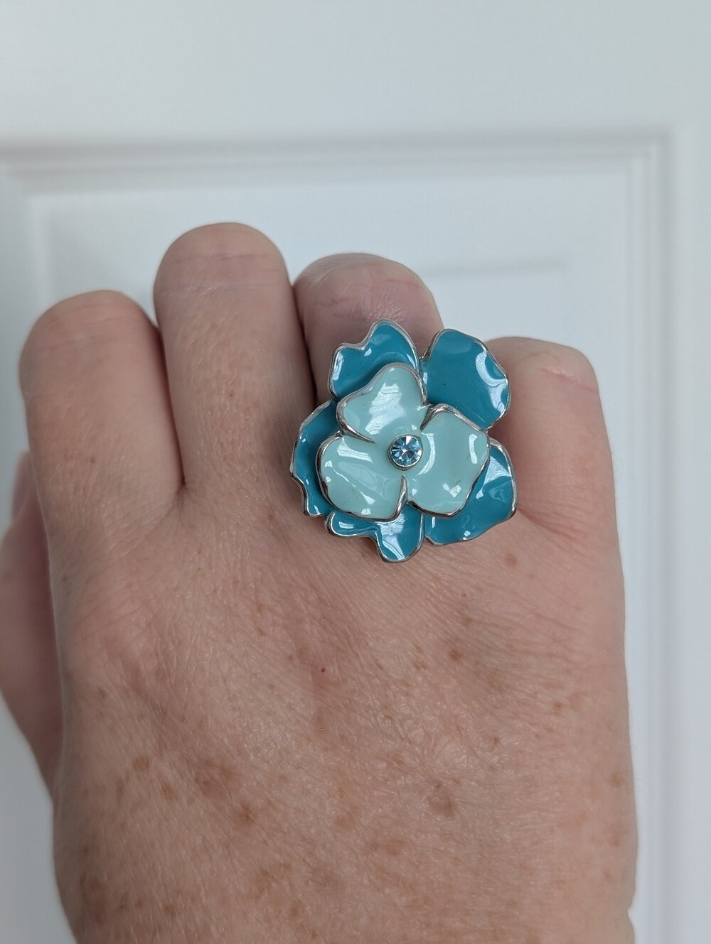Teal And Silver Flower Cocktail Ring
